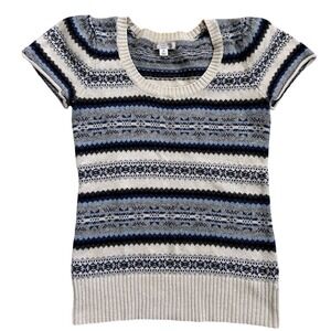 APHORISM Women's Sweater Knit Top Y2K Blue Grey Fair Isle Pattern Short Sleeve M